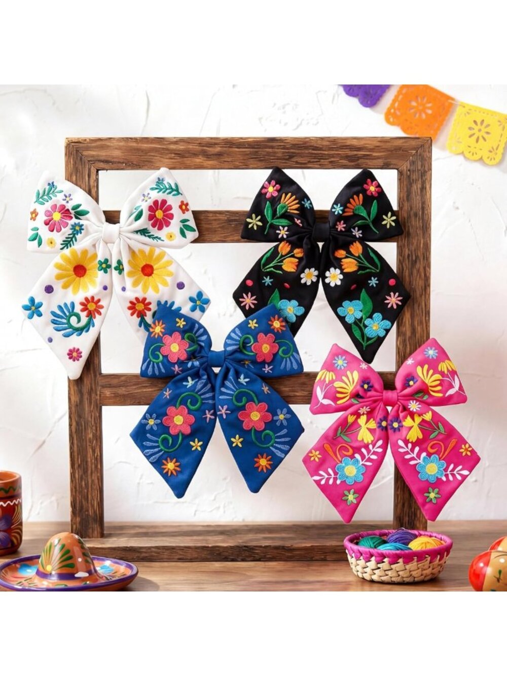 4 Pcs Mexican Bow Embroidered Hair Accessories - Stylish Women's Hair Clips